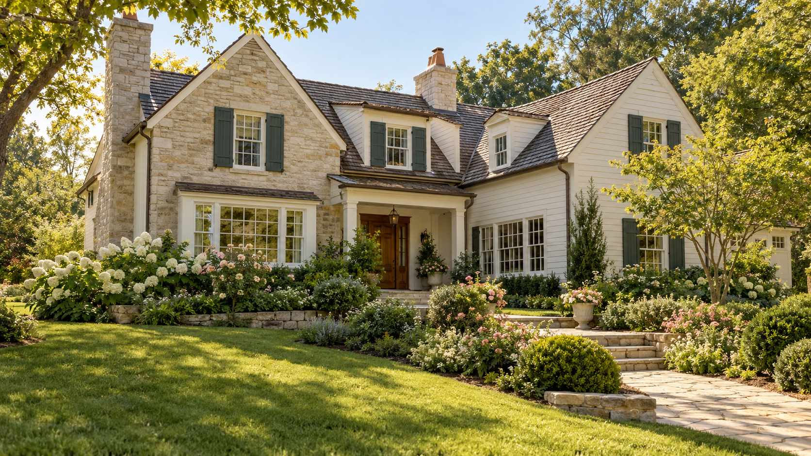 Illustrative traditional country house framed by trees and a welcoming garden