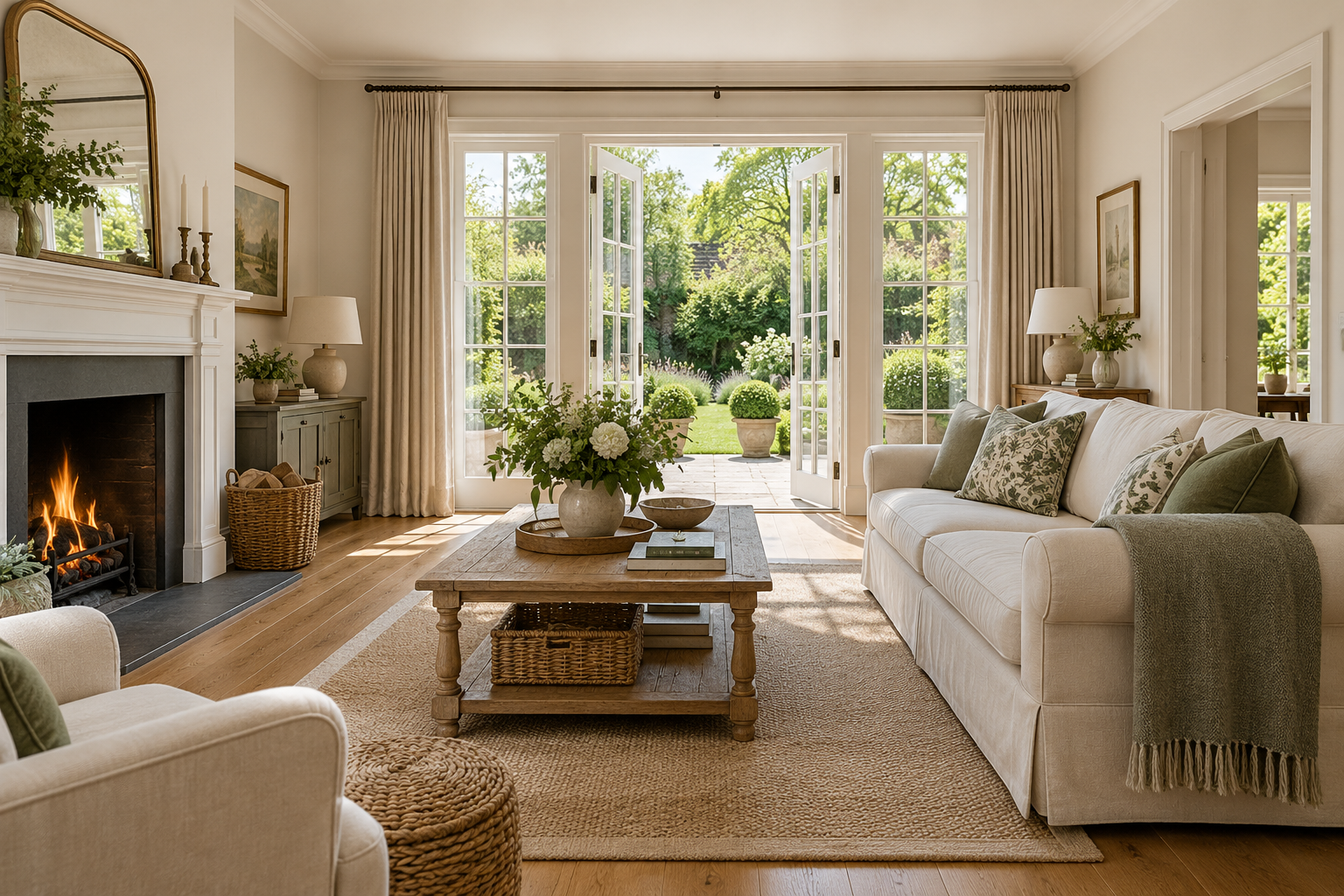 Illustrative warm sitting room with natural materials and views into a leafy garden